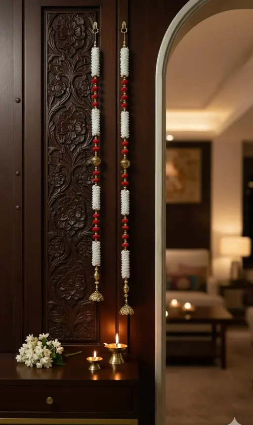 Luxury White & Red Beaded Door Hanging Toran with Golden Accents- Set of 2