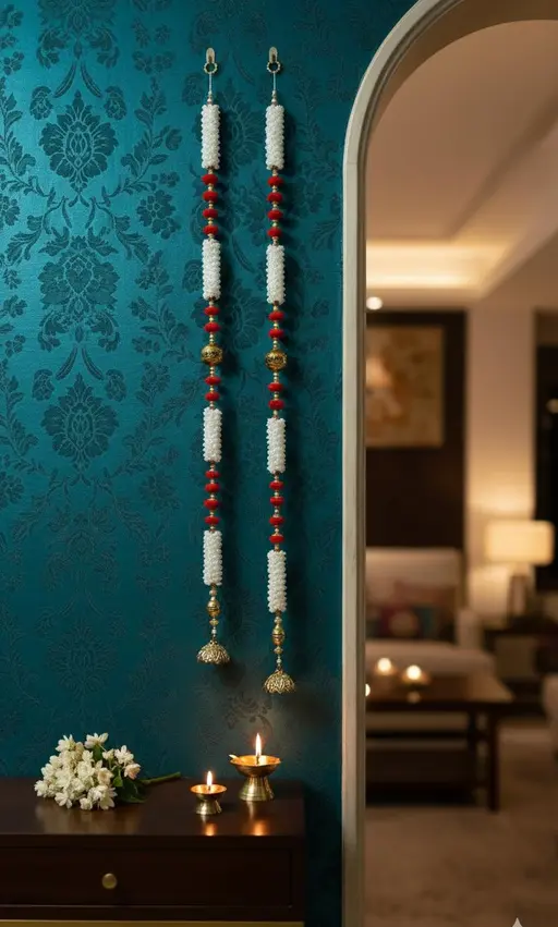 Luxury White & Red Beaded Door Hanging Toran with Golden Accents- Set of 2