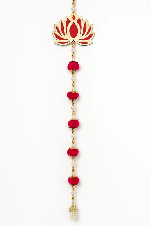 Luxury Lotus Door Toran | Handmade Decorative Hanging with Pearls, Beads & Velvet Pom-Poms (46 Inch, Set of 2)