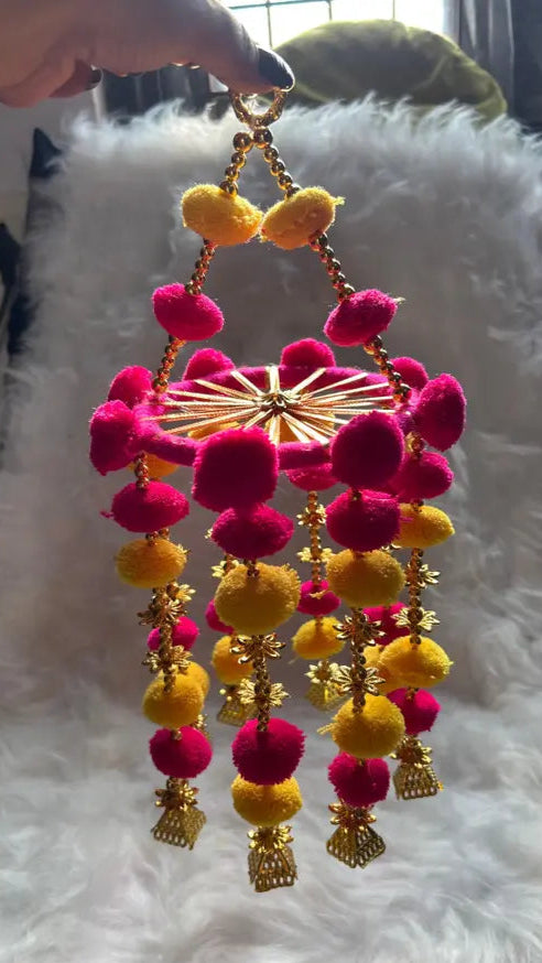 Vibrant Pom-Pom Hanging with Golden Bells – 16 Inch Decorative Home & Festive Décor
