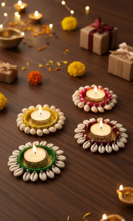 Kalakriti Handcrafted Cowrie Shell & Thread Diya Set of 4