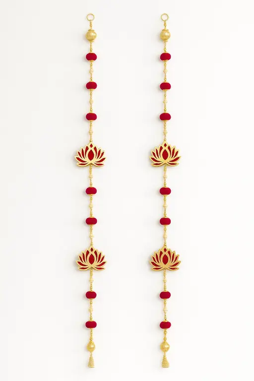 Luxury Lotus Door Toran | Handmade Decorative Hanging with Pearls, Beads & Velvet Pom-Poms (46 Inch, Set of 2)