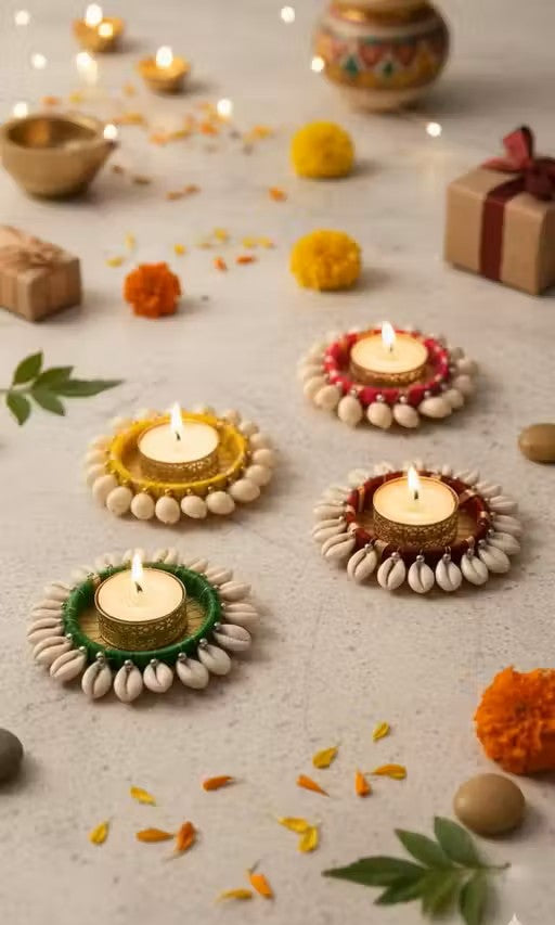 Kalakriti Handcrafted Cowrie Shell & Thread Diya Set of 4