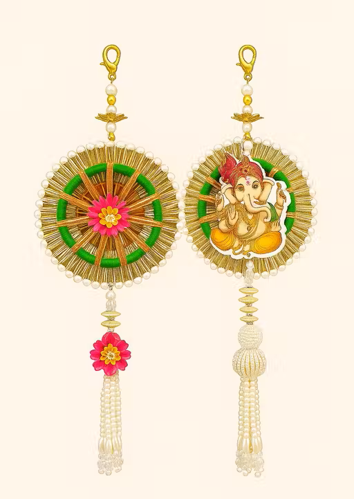 Divine Lakshmi & Ganesha Decorative Hanging Pair with Pearl Tassels for Home & Festive Décor (1 Pair)