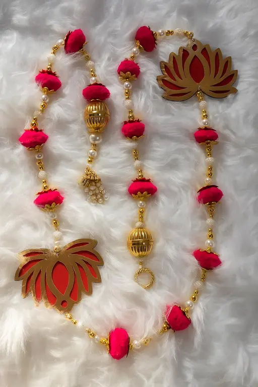 Luxury Lotus Door Toran | Handmade Decorative Hanging with Pearls, Beads & Velvet Pom-Poms (46 Inch, Set of 2)