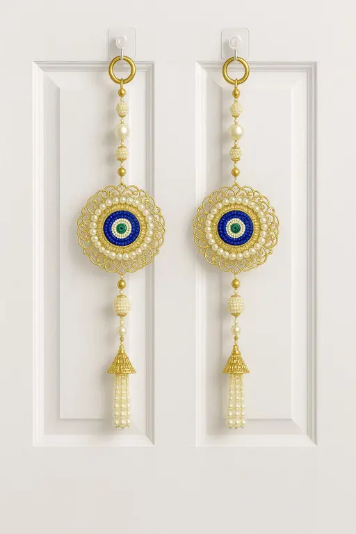 Elegant Evil Eye Pearl & Beaded Door/Wall Hanging Toran β 15 Inch Decorative Pair