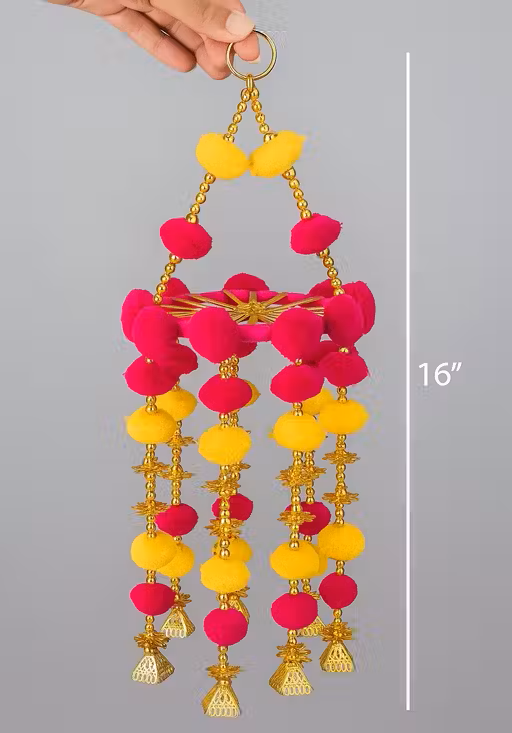 Vibrant Pom-Pom Hanging with Golden Bells – 16 Inch Decorative Home & Festive Décor