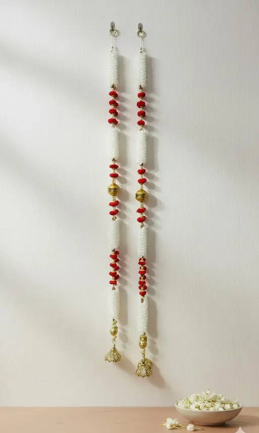 Luxury White & Red Beaded Door Hanging Toran with Golden Accents- Set of 2
