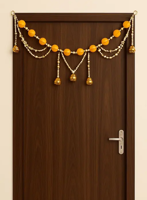 Kalakriti Golden & yellow Beaded Toran with Hanging Bells – Elegant Door/Wall Decoration