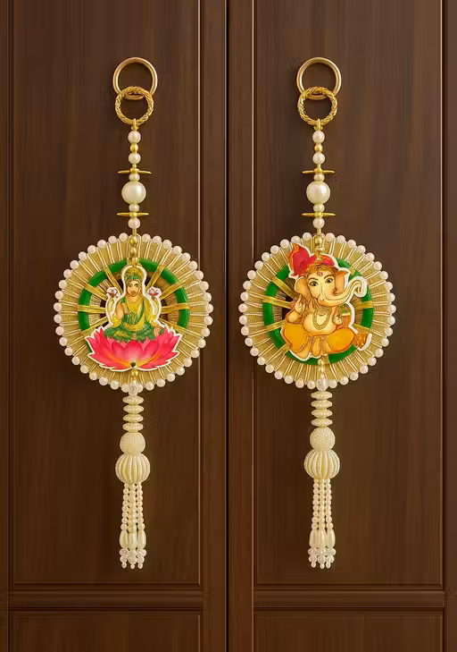 Divine Lakshmi & Ganesha Decorative Hanging Pair with Pearl Tassels for Home & Festive Décor (1 Pair)