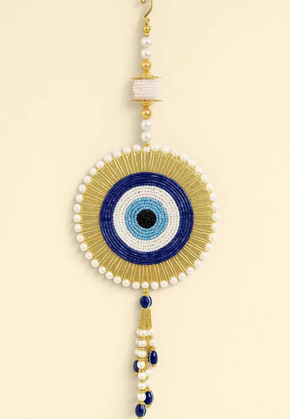 Handmade Beaded Evil Eye Wall Hanging with Pearls & Golden Detailing