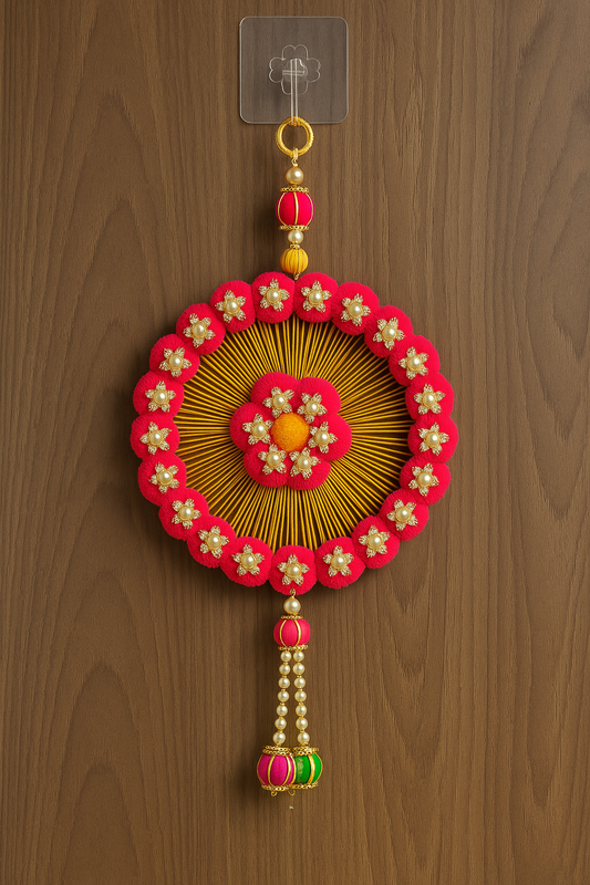 Kalakriti Handcrafted Floral Round Wall Hanging – Pink & Yellow Pom-Pom Decor with Pearl Accents for Home & Festive Decoration
