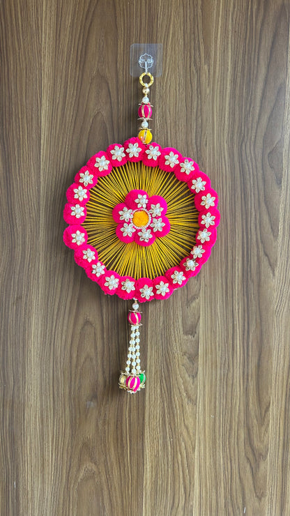 Kalakriti Handcrafted Floral Round Wall Hanging – Pink & Yellow Pom-Pom Decor with Pearl Accents for Home & Festive Decoration