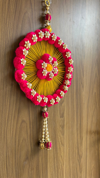 Kalakriti Handcrafted Floral Round Wall Hanging – Pink & Yellow Pom-Pom Decor with Pearl Accents for Home & Festive Decoration