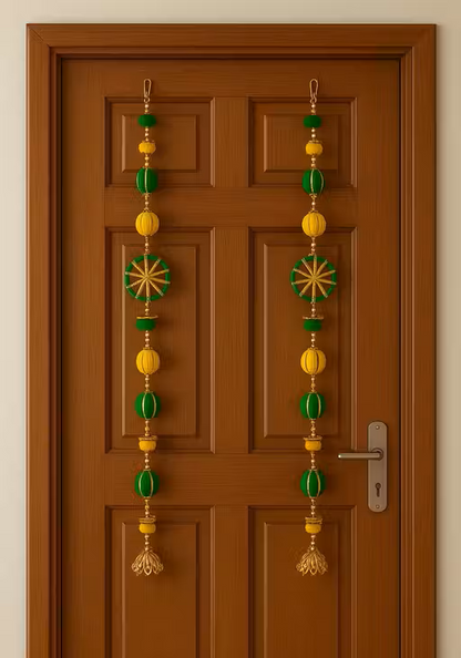Vibrant Handcrafted Toran with Golden Bells-Yellow and green - Set of 2
