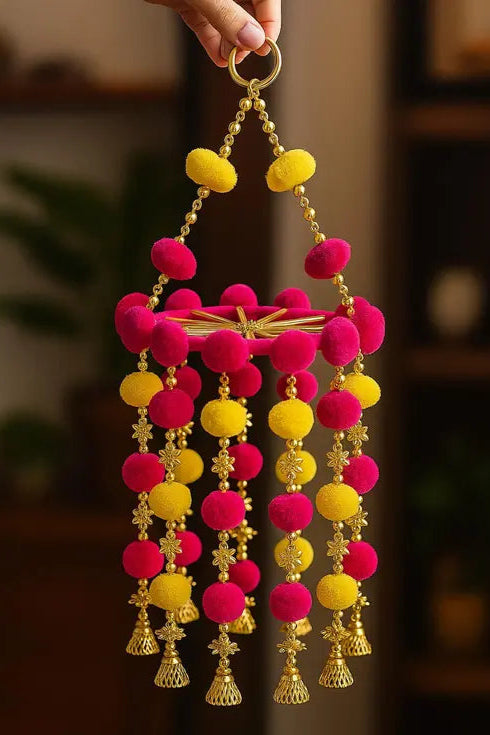 Vibrant Pom-Pom Hanging with Golden Bells – 16 Inch Decorative Home & Festive Décor