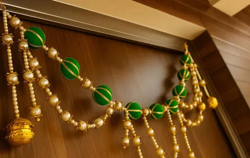 Kalakriti Golden & Green Beaded Toran with Hanging Bells – Elegant Door/Wall Decoration
