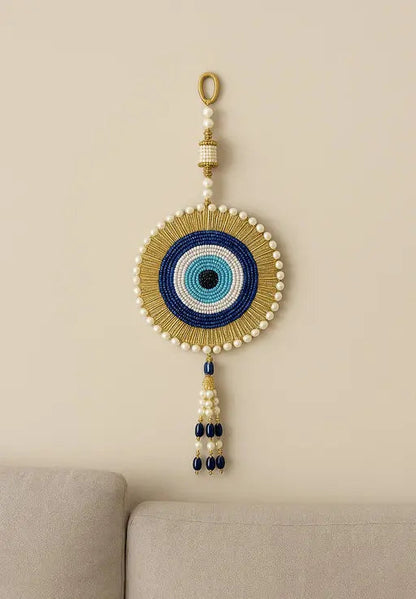 Handmade Beaded Evil Eye Wall Hanging with Pearls & Golden Detailing