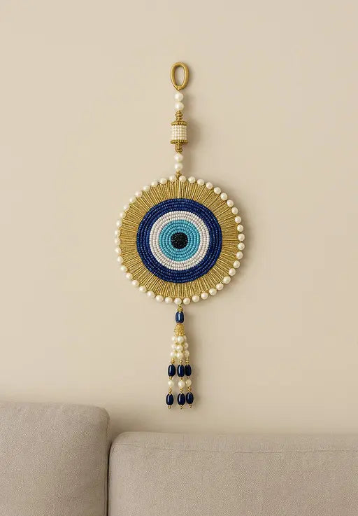 Handmade Beaded Evil Eye Wall Hanging with Pearls & Golden Detailing