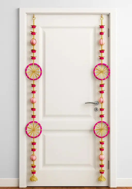 Kalakriti Festive Pink & Gold Decorative Toran for Doorways – Traditional Hanging Wall Decor - Set of 2