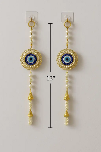 Elegant Evil Eye Pearl & Beaded Door/Wall Hanging Toran – 15 Inch Decorative Pair