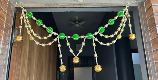 Kalakriti Golden & Green Beaded Toran with Hanging Bells – Elegant Door/Wall Decoration