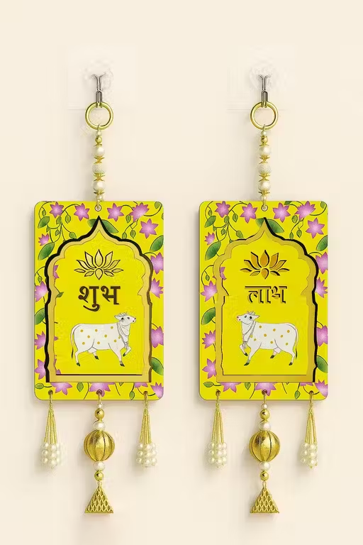 Shubh Labh Wooden Wall Hanging with Decorative Beads & Tassels