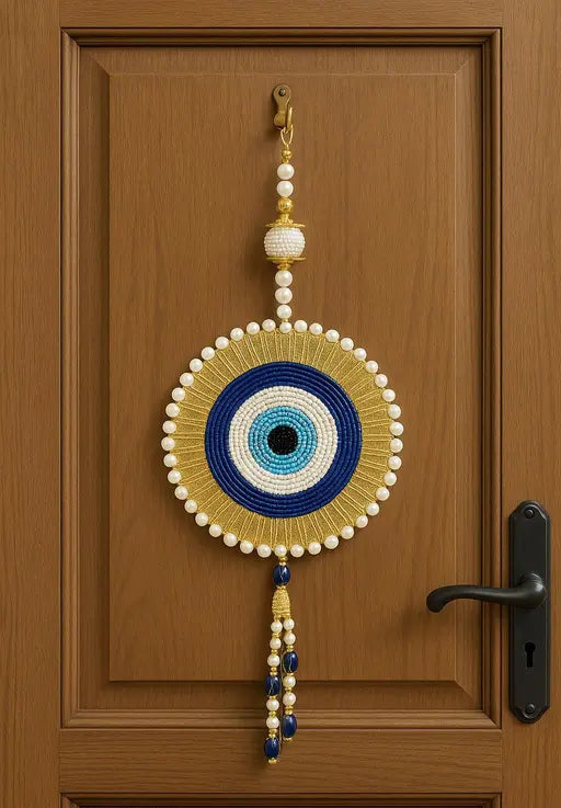 Handmade Beaded Evil Eye Wall Hanging with Pearls & Golden Detailing