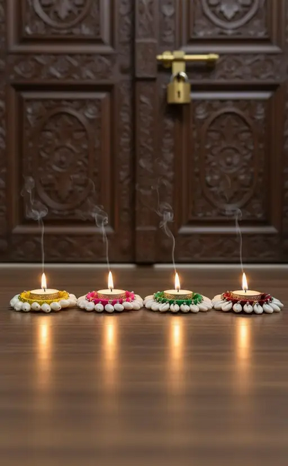 Kalakriti Handcrafted Cowrie Shell & Thread Diya Set of 4