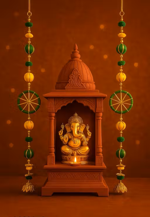 Green & Yellow Decorative Toran for Doorways – Traditional Festive Hanging with Golden Accents - Set of 2