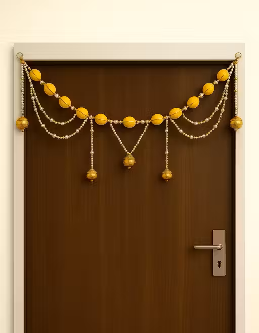 Kalakriti Golden & yellow Beaded Toran with Hanging Bells – Elegant Door/Wall Decoration