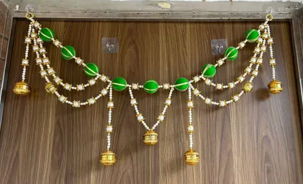 Kalakriti Golden & Green Beaded Toran with Hanging Bells – Elegant Door/Wall Decoration