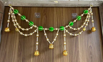 Kalakriti Golden & Green Beaded Toran with Hanging Bells – Elegant Door/Wall Decoration