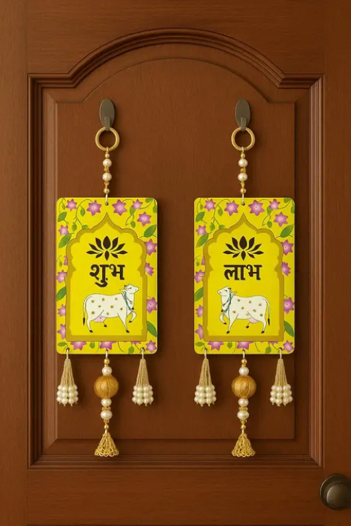 Shubh Labh Wooden Wall Hanging with Decorative Beads & Tassels