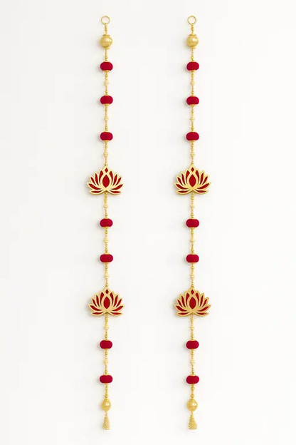 Luxury Lotus Door Toran | Handmade Decorative Hanging with Pearls, Beads & Velvet Pom-Poms (46 Inch, Set of 2)