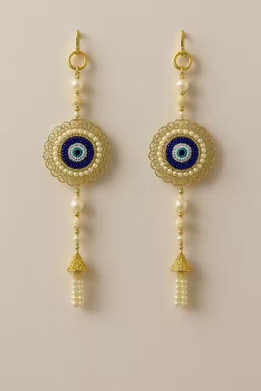 Elegant Evil Eye Pearl & Beaded Door/Wall Hanging Toran – 15 Inch Decorative Pair