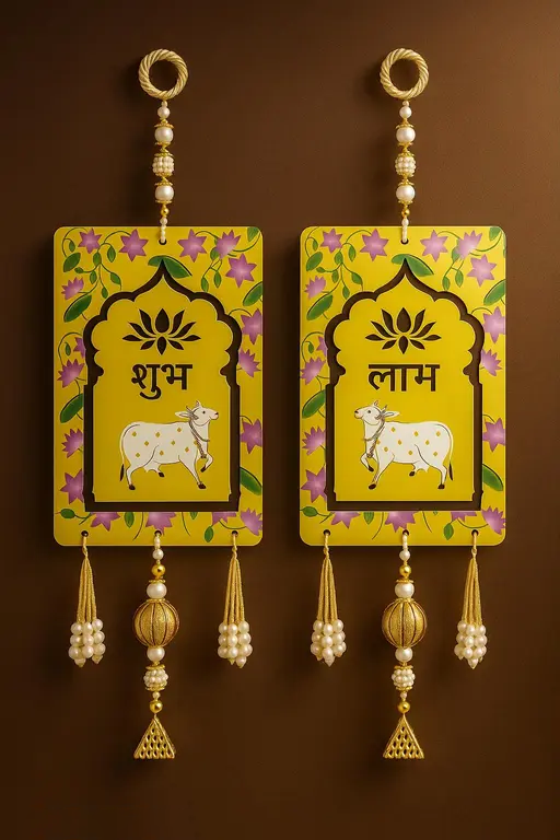 Shubh Labh Wooden Wall Hanging with Decorative Beads & Tassels