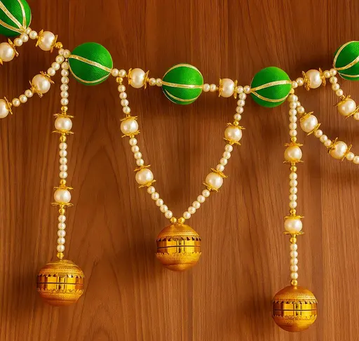 Kalakriti Golden & Green Beaded Toran with Hanging Bells – Elegant Door/Wall Decoration