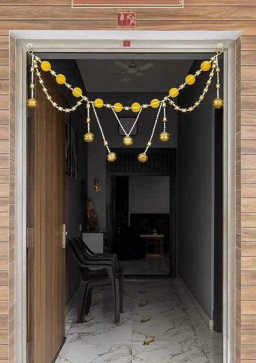 Kalakriti Golden & yellow Beaded Toran with Hanging Bells – Elegant Door/Wall Decoration