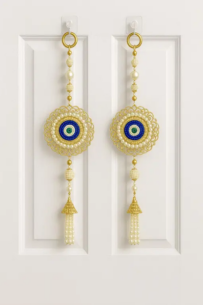 Elegant Evil Eye Pearl & Beaded Door/Wall Hanging Toran – 15 Inch Decorative Pair