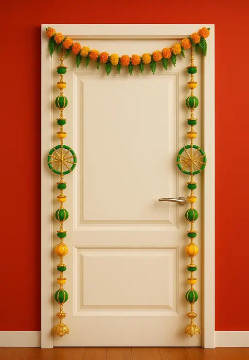 Green & Yellow Decorative Toran for Doorways – Traditional Festive Hanging with Golden Accents - Set of 2