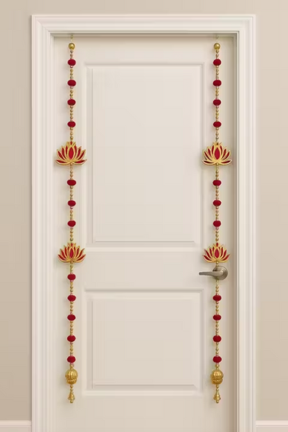 Luxury Lotus Door Toran | Handmade Decorative Hanging with Pearls, Beads & Velvet Pom-Poms (46 Inch, Set of 2)