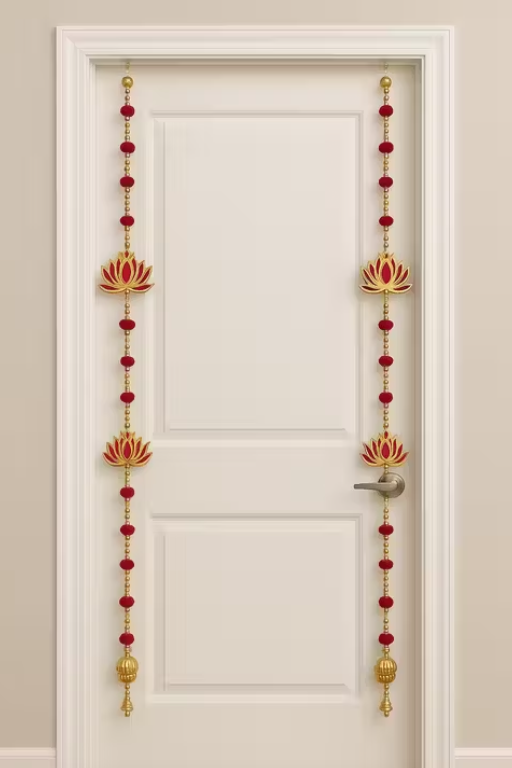 Luxury Lotus Door Toran | Handmade Decorative Hanging with Pearls, Beads & Velvet Pom-Poms (46 Inch, Set of 2)