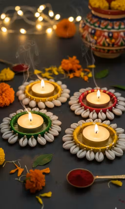 Kalakriti Handcrafted Cowrie Shell & Thread Diya Set of 4