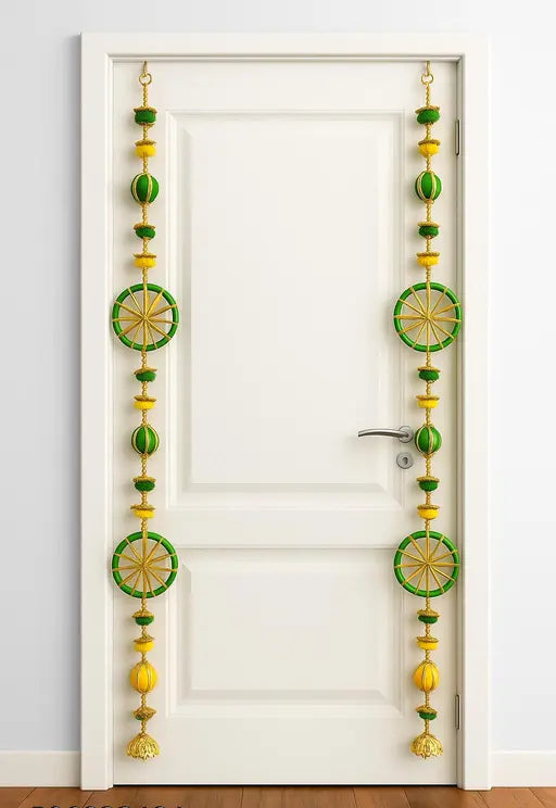 Green & Yellow Decorative Toran for Doorways – Traditional Festive Hanging with Golden Accents - Set of 2