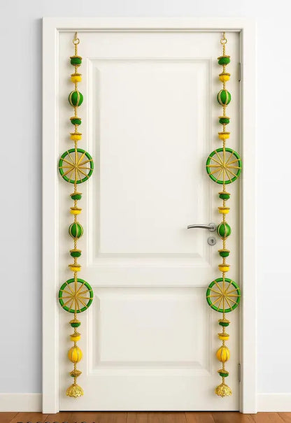 Green & Yellow Decorative Toran for Doorways – Traditional Festive Hanging with Golden Accents - Set of 2